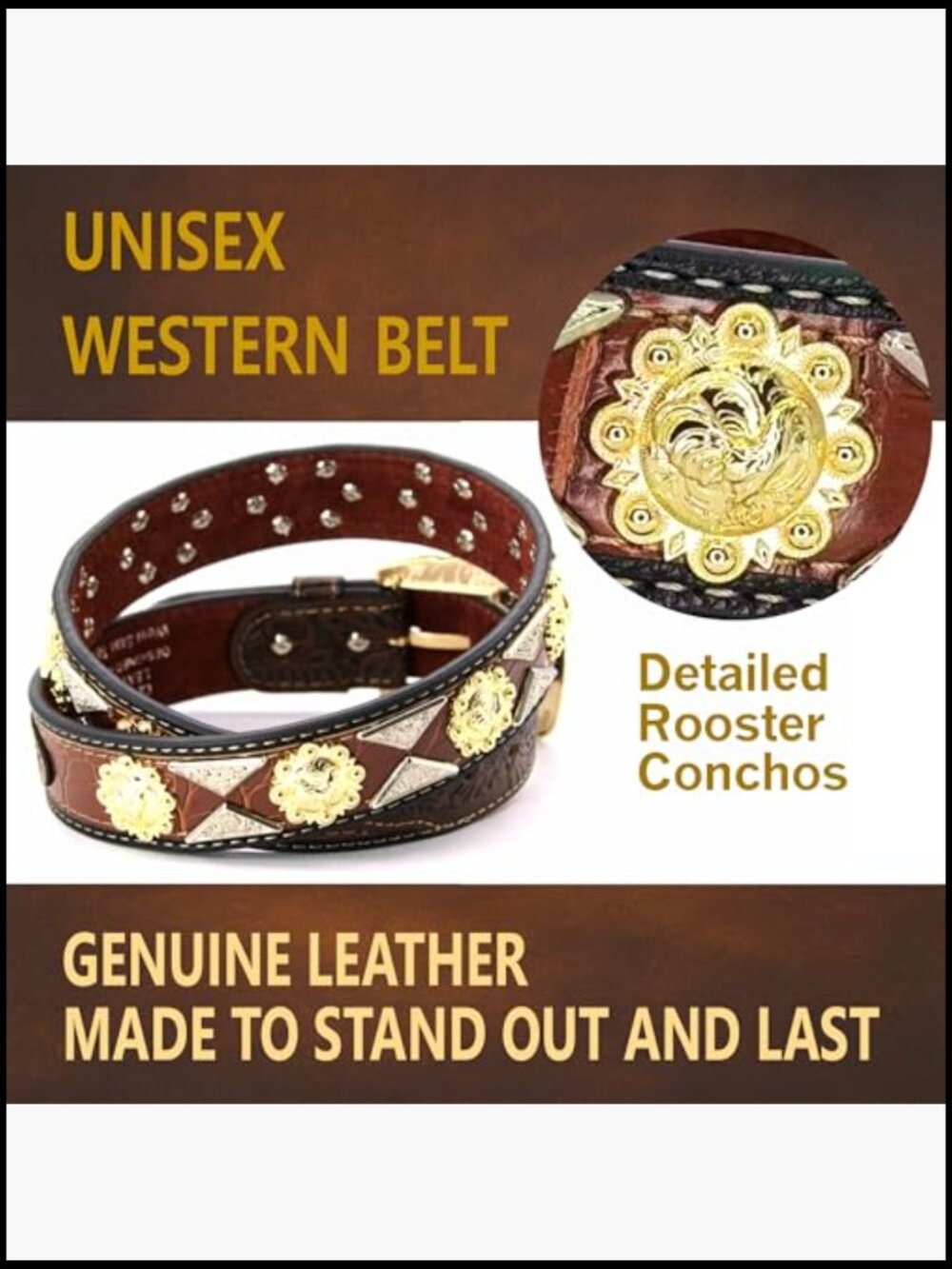 Genuine Leather Western Concho Belt with Tooled Design - Picture 2 of 7
